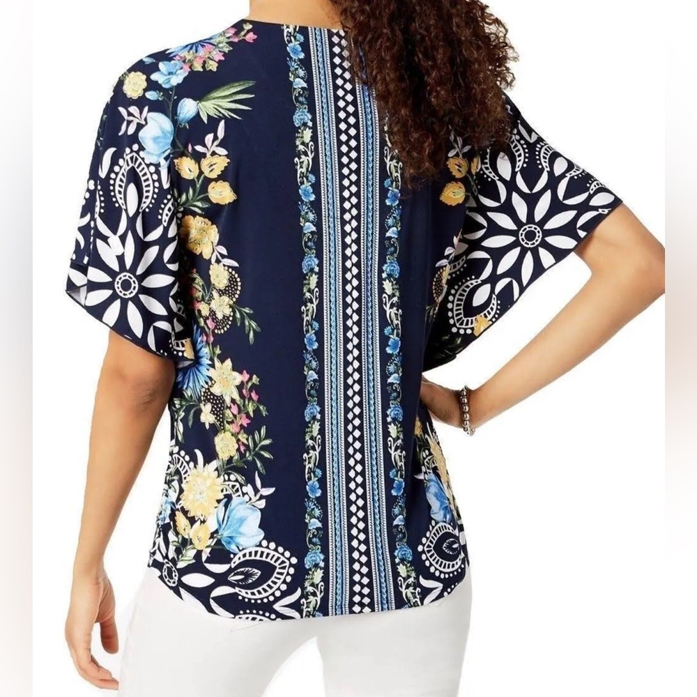 Jm Collection Navy Mixed Print Flutter Short Slee… - image 2